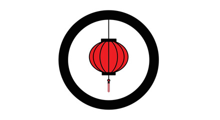 Vibrant red Asian lantern, a traditional symbol of festivity and good fortune, elegantly framed within a bold black circle. Ideal for cultural celebrations and holiday design