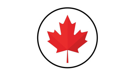 A vibrant red maple leaf emblem prominently displayed within a sleek circular border, set against a pristine white background, symbolizing national identity and heritage