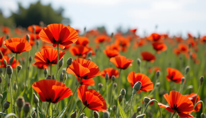 Naklejka premium Wild red poppy field with glowing petals and soft sunlight