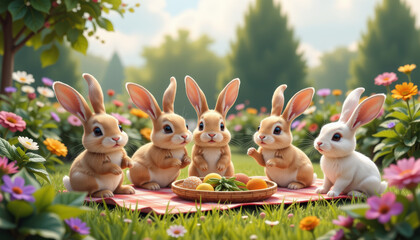 Group of cheerful rabbit picnic in sunny flower meadow, playful and joyful