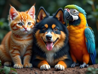 Close Up of Adorable Kitten Dog and Parrot Friends Together