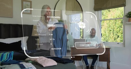 Man touching floating AR interface confirming online order while woman packing clothes for trip - Powered by Adobe