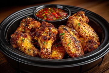 Fototapeta premium Succulent crispy chicken wings delicately arranged in a black serving bowl accompanied by vibrant spicy dipping sauce garnished with bright herbs evoking culinary delight