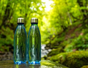 Two blue water bottles in a forest setting
