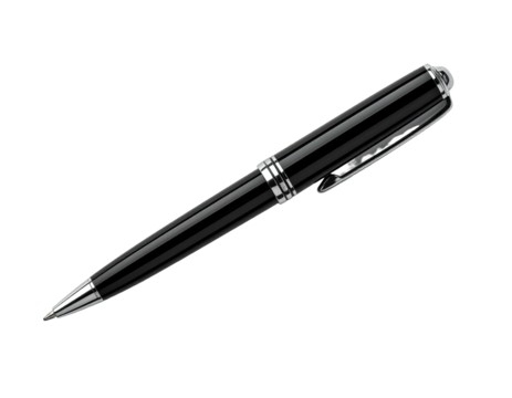Sleek black ballpoint pen, angled, with silver accents