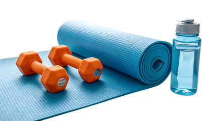 Teal yoga mat, dumbbells, and water bottle ready for a workout.