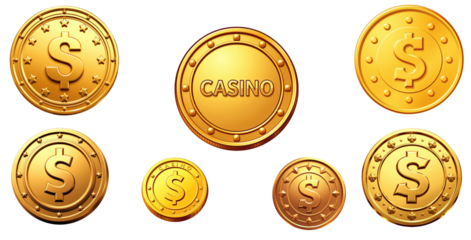 Gold casino coin with dollar sign and decorative stars, shiny metal token conveying luck