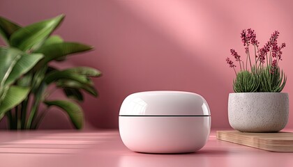 Cream jar on pink surface with plants