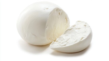 Fresh mozzarella cheese ball with a sliced portion revealing texture