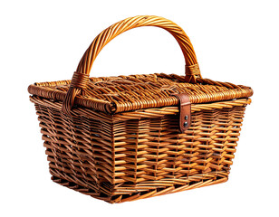Rectangular wicker picnic basket with a hinged lid and a carrying handle