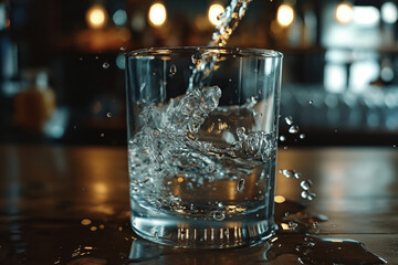 Water Pouring into Transparent Glass. Splashes and droplets captured in motion on wooden surface.