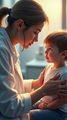 Gentle doctor comforts young patient during medical exam