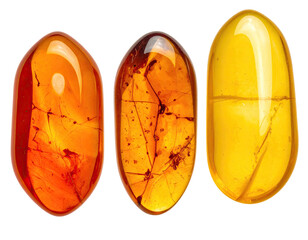 Three polished amber stones, showing inclusions.  Two are reddish-orange, one is yellowish-orange.  Smooth, oval shapes.  High-quality close-up