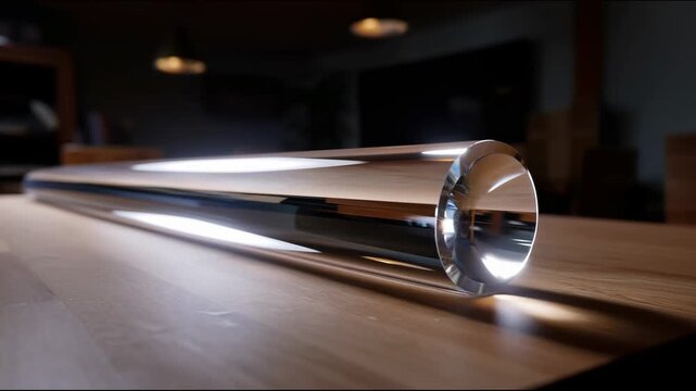 A transparent glass or acrylic cylinder lies on a wooden table indoors, reflecting and refracting the light from lamps above it