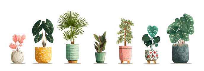 Watercolor illustration of seven potted plants, varying in size and species, arranged in a row against a white background.