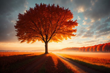 beautiful landscape of autumn forest at sunset, yellow trees and sunlight