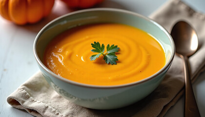 Creamy pumpkin soup in ceramic bowl with parsley garnish, healthy homemade autumn recipe, rustic food styling with warm natural light
