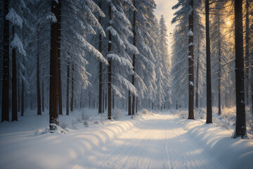 beautiful landscape of winter forest and country road in snow, beautiful nature