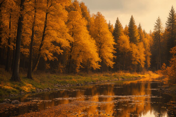 beautiful landscape of autumn forest at sunset, yellow trees and sunlight