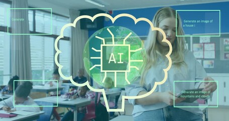 Teacher tapping tablet scrolling requests with AI panels hovering as students writing in classroom - Powered by Adobe