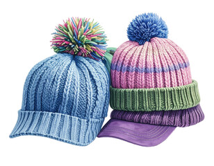 Two colorful knitted hats, one a light blue cable knit beanie, the other a multi-colored striped beanie with a matching purple baseball cap, layered atop it.  