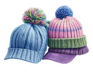 Two colorful knitted hats, one a light blue cable knit beanie, the other a multi-colored striped beanie with a matching purple baseball cap, layered atop it.  