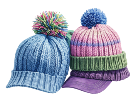 Two colorful knitted hats, one a light blue cable knit beanie, the other a multi-colored striped beanie with a matching purple baseball cap, layered atop it.  