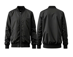 Full shot of a black bomber jacket, front and back views (1)
