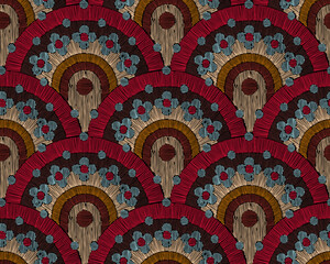 Seamless pattern inspired by embroidery. Stylized floral and sunburst motifs. Bold geometric composition. Retro textile design. Vector illustration. © flovie