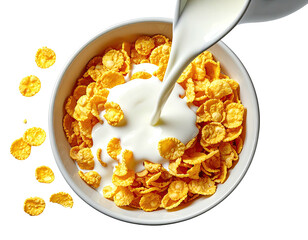 Milk being poured over cereal in a white bowl.  Golden, crispy cereal flakes are piled high in a white bowl, with milk pouring over them