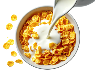 Milk being poured over cereal in a white bowl.  Golden, crispy cereal flakes are piled high in a white bowl, with milk pouring over them