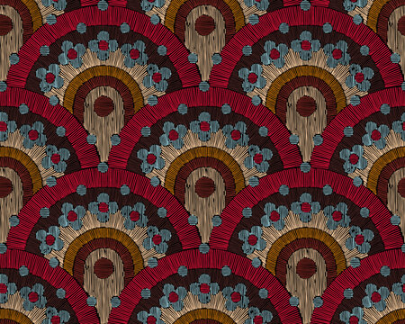 Seamless pattern inspired by embroidery. Stylized floral and sunburst motifs. Bold geometric composition. Retro textile design. Vector illustration.