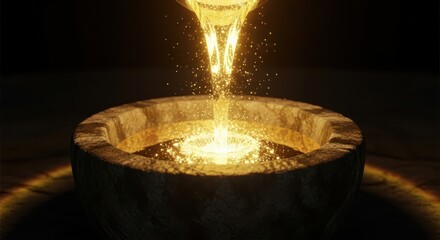Golden liquid pouring into an ancient stone bowl casting shimmering light