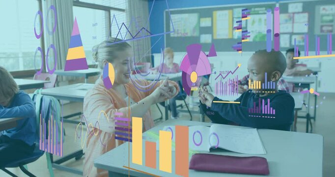 Teacher grasping student wrist guiding exercise with data chart overlays showing education progress