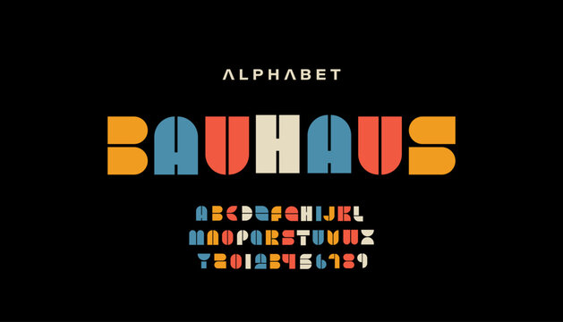 Trendy font in retro Bauhaus style letters and numbers set. Modern typography. Font for events, promotions, logos, banner, monogram and poster. Stylized alphabet