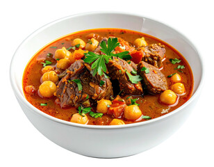 Hearty stew of beef and chickpeas in a white bowl