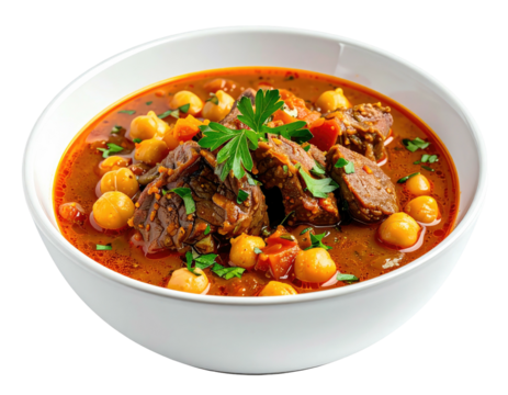 Hearty stew of beef and chickpeas in a white bowl