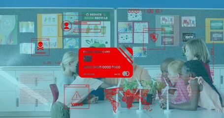 Female teacher guiding students demonstrating science models as hacking overlays flickering screen - Powered by Adobe