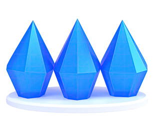 Three vibrant, stylized, blue gems sit atop a white, circular pedestal