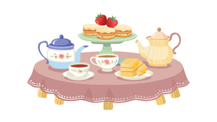 Afternoon tea party illustration with teacups teapot cakes and strawberries on table cloth vector art