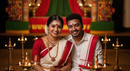 Happy south indian couple sitting together in traditional attire