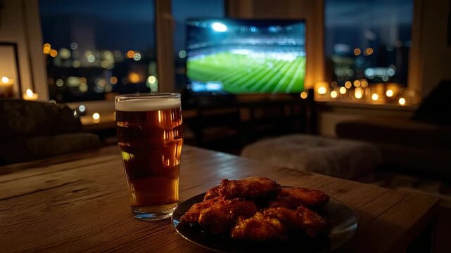 Delight in a cozy evening filled with cold beer, spicy wings, and an exciting match on the large screen in a warm setting