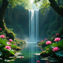 Enchanting Waterfall Oasis Surrounded by Lush Greenery and Blooming Lotuses