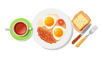 Delicious english breakfast with fried eggs beans toast and tea vector illustration design template