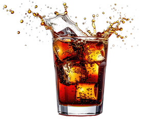 Dark soda in glass with splashing ice