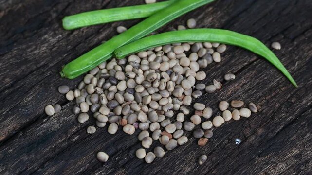 Cluster beans or gawar phali (guar) seed on wooden background, Cyamopsis tetragonoloba