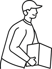 continuous line art delivery man with package box illustration on transparent
