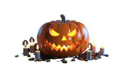 Halloween pumpkin carving design with candles and spooky face for october holiday celebration party decor