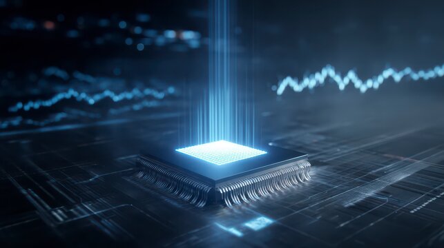 Quantum Computing: A captivating close-up showcases a modern computer chip bathed in cool blue light, suggesting data processing with a quantum concept