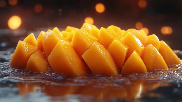 Mango Delight: A vibrant display of ripe, diced mangoes, artfully arranged in a watery tableau, reflecting the soft, ambient light and textures.